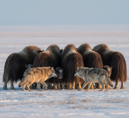 Cooperative Defense Strategies of Musk Oxen Against Wolves